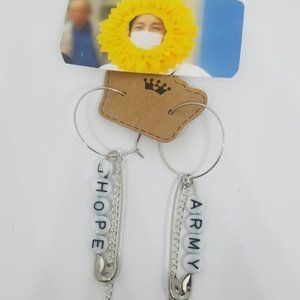 BTS Merch - Handmade Safety Pin Kpop Dangle Hoop Earrings with Jhope Photo